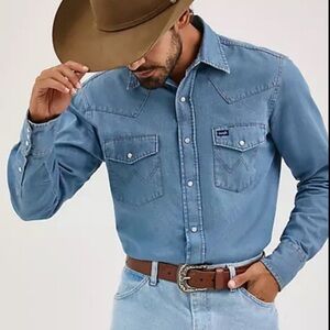 Vintage Wrangler Denim Pearl Snap Cowboy Cut Original Work shirt Rodeo Sz XL